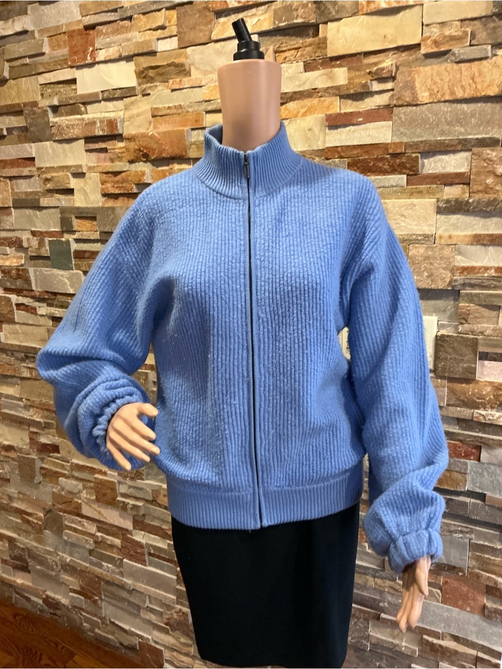 The Cashmere Project Puff Sleeve Full Zip Cardigan Sweater Blue Sky